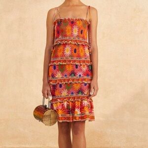 NWT Farm Rio Summer Sun Coral Mini Dress size Medium NEW Floral Smocked Ruffle